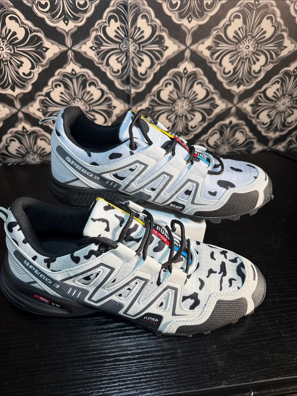 Men's Athletic Hiking Trail Shoes in White and Black Camouflage -
